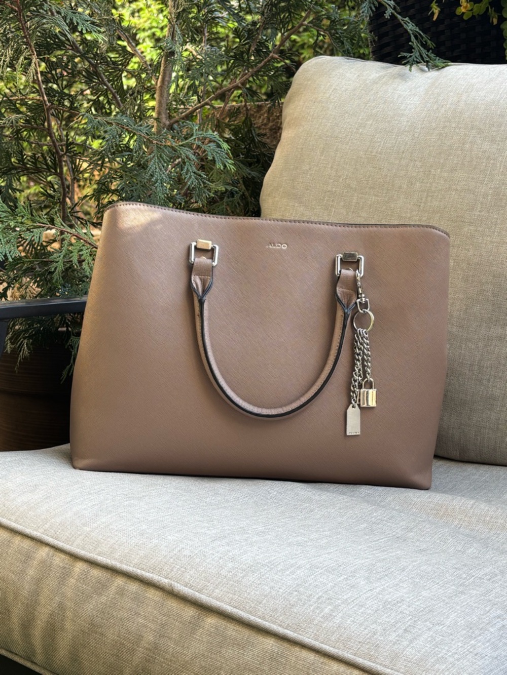 ALDO Brown Leather Tote with Chain Charm